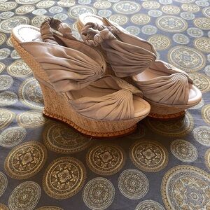 Nina Ricci Made in Italy Ruched Leather Cork Wedge Sandals 38.5 Designer